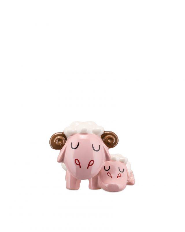 Alessi Pisoletti Porzellanfigur: Rosa Schaf mit Lamm, dekorative Tierfigur für Kinderzimmer.